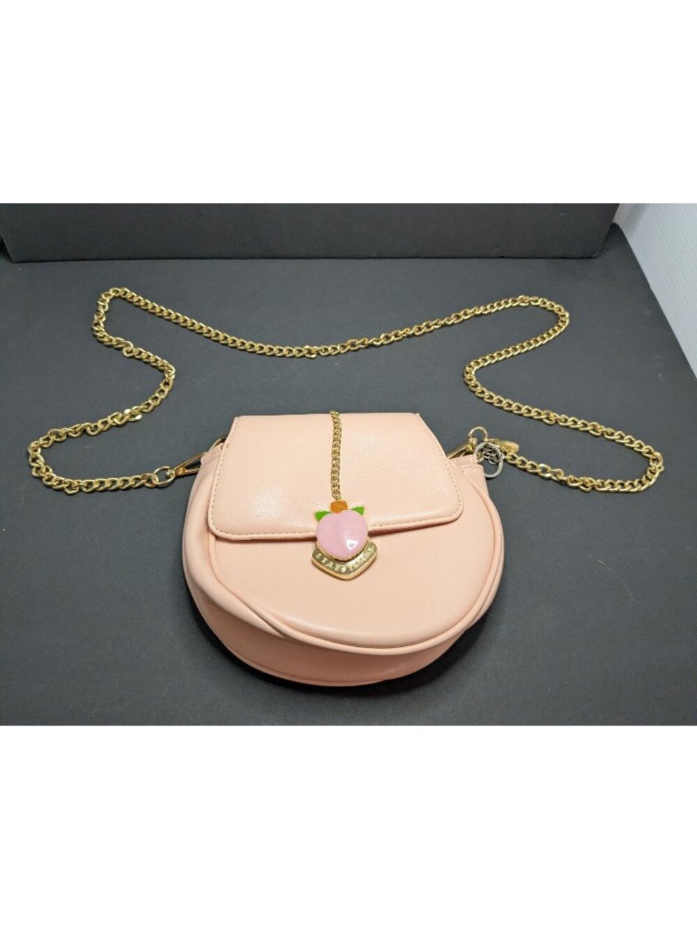 Stay Peachy Pink Faux Leather Crossbody Bag With Gold Chain Strap & Peach Charm